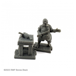 20730 Cook & Table sculpted by C Van Patten from the Reaper Miniatures Bones Black range. A limited edition RPG miniature representing a ships cook holding a kitchen knife and a table with a joint both on wood effect bases for your tabletop games.    