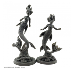 20627 Mermaid and Siren sculpted by B Jackson from the Reaper Miniatures Bones Black range. A limited edition pack of two mermaid RPG miniatures with flowing hair and one wearing a classic shell bra for your tabletop games.    