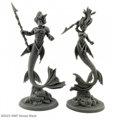 20622 Merfolk Rangers sculpted by B Jackson from the Reaper Miniatures Bones Black range. A limited edition pack of two mermaid RPG miniatures sporting six pack, flowing hair and holding spear weapons for your tabletop games.   