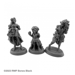 20720 Brinewind Doxies sculpted by C Van Patten from the Reaper Miniatures Bones Black range. A limited edition pack of three ladies representing a halfling, half orc and half elf with long skirts hitched to show off their legs, long hair and one holding a wine glass  for your tabletop games.         