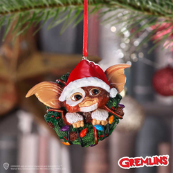 Gremlins Gizmo in Wreath  Hanging Ornament. Gizmos head, ears and hands wearing a christmas hat poking through the middle of a green christmas wreath - Nemesis Now ornament 