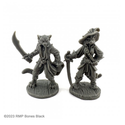 20734 Catfolk Buccaneer & Duelist sculpted by J Guthrie from the Reaper Miniatures Bones Black range. A limited edition of two RPG miniatures representing pirate cats in large shirts with swords and one wearing a large hat complete with feather for your tabletop games.  