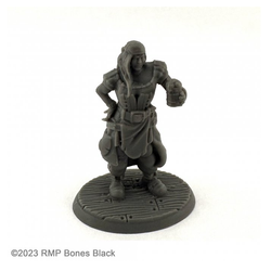 20718 Brinewind Innkeeper sculpted by Questron from the Reaper Miniatures Bones Black range. A limited edition pack representing a female innkeeper with one hand on her hip and a flagon of frothing ale in the other for your tabletop games.       