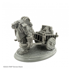 20739 Ogre Porter & Cart sculpted by Bobby Jackson from the Reaper Miniatures Bones Black range. A limited edition RPG miniature representing a working Ogre pulling a loaded wooden cart with includes crates, barrels and a cat for your tabletop games.       
