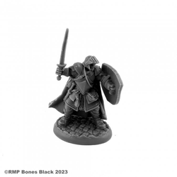 20335 Baran Blacktree sculpted by Bobby Jackson from the Reaper Miniatures Bones Black range. A limited edition RPG miniature of a knight holding a sword and shield for your tabletop games.      