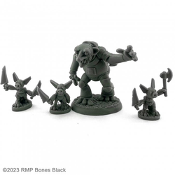 20933 Pizza Dungeon Animatronics sculpted by B Jackson from the Reaper Miniatures Bones Black range. A limited edition pack of four RPG miniatures being animatronic kobolds with various weapons and their inventor for your tabletop games.        