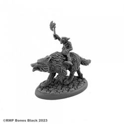 20306 Goblin Wolfrider With Axe sculpted by Bobby Jackson from the Reaper Miniatures Bones Black range. A limited edition RPG miniature of a goblin riding a wolf for your tabletop games.   