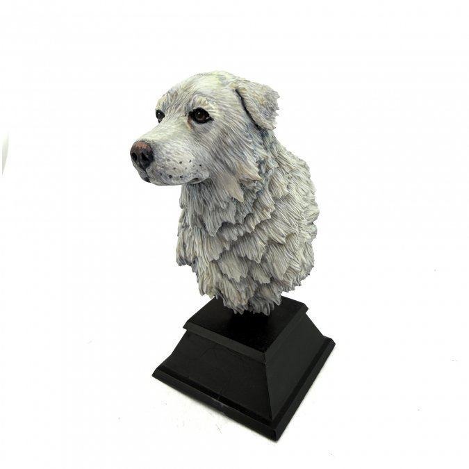 A realistic white dog bust sculpture with detailed fur texture, mounted on a black rectangular pedestal against a plain white background. 01311 Zeus the Wanderer Bust - Reaper Bones USA