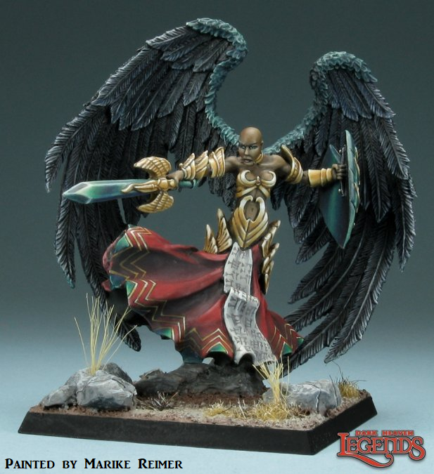 03114 Deva Angel from the Dark Heaven Legends metal range by Reaper Miniatures sculpted by Jeff Grace. A metal miniatures representing a female angel with large wings, flowing skirt and bald head holding a shield in one hand and a sword in the other