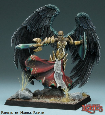 03114 Deva Angel from the Dark Heaven Legends metal range by Reaper Miniatures sculpted by Jeff Grace. A metal miniatures representing a female angel with large wings, flowing skirt and bald head holding a shield in one hand and a sword in the other