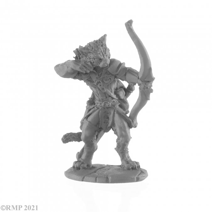 Catfolk Ranger from the Dark Heaven Legends metal range by Reaper Miniatures sculpted by Julie Guthrie. A catfolk tabaxi metal miniature dressed in human clothing holding firing a bow.