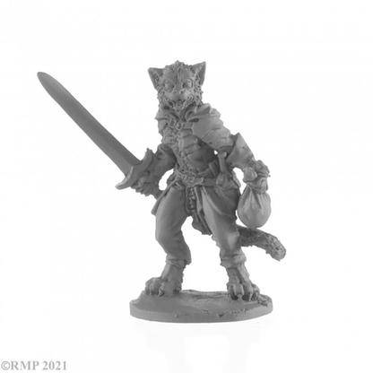 Catfolk Rogue from the Dark Heaven Legends metal range by Reaper Miniatures sculpted by Julie Guthrie. A catfolk tabaxi metal miniature dressed in human clothing holding a sword in one hand and a bag in the other. 
