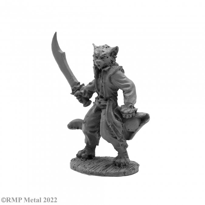 Catfolk Buccaneer from the Dark Heaven Legends metal range by Reaper Miniatures sculpted by Julie Guthrie. A great catfolk tabaxi metal miniature dressed in a shirt and trousers holding a hat in one hand and a sword in the other.