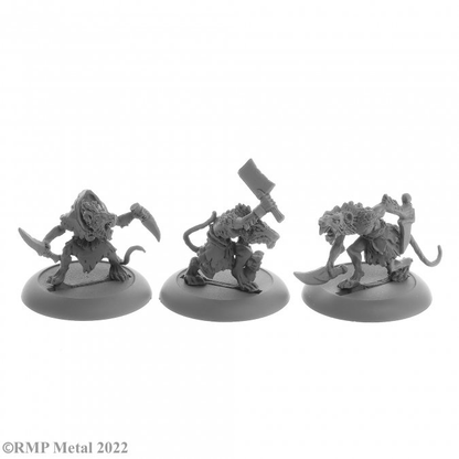 04074 Wererats from the Dark Heaven Legends metal range by Reaper Miniatures, sculpted by Ben Siens. A pack of three metal miniatures representing rats wearing clothing and holding various weapons