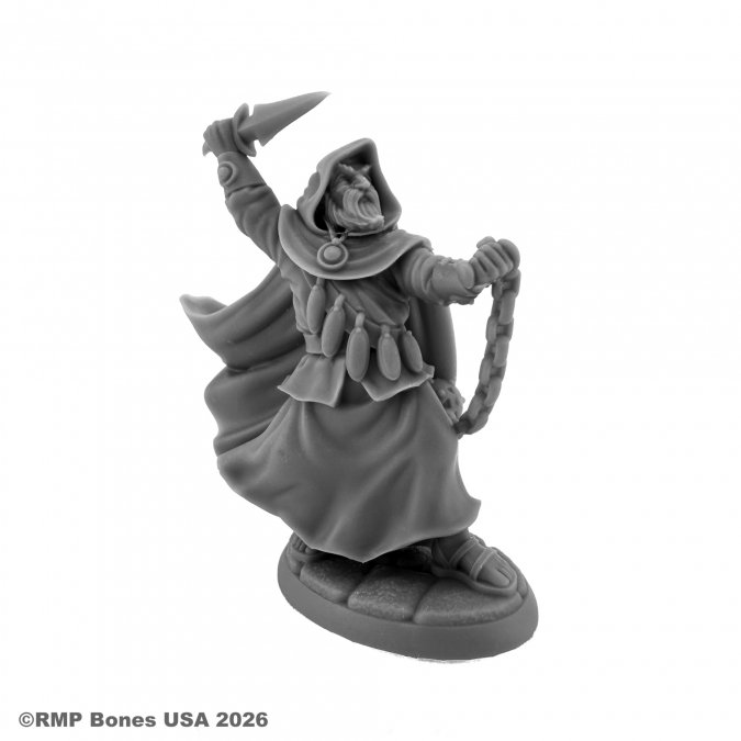 Gray miniature figurine of a character with a hood and staff on a white background. 07198 Kanar Kazul, Hyborian Wizard - Reaper Bones USA