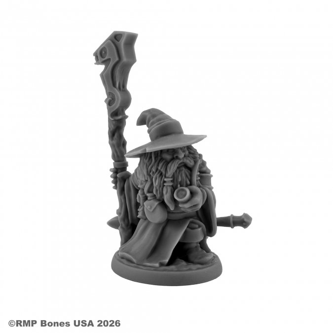 Gray fantasy figurine of a wizard with a staff on a white background. 07223 Khael Stonekindle, Dwarf Wizard - Reaper Bones USA