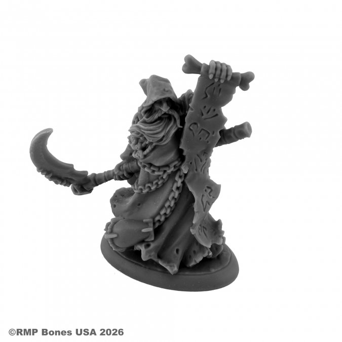 Gray miniature figurine with cloak and weapon on a white background. 07224 Darkrasp, Evil Priest - Reaper Bones USA
