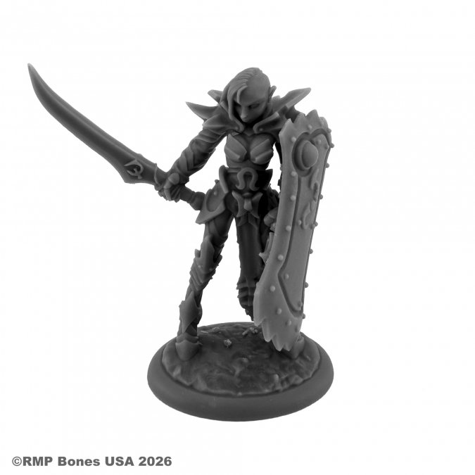 Gray fantasy figurine with a sword and shield on a white background. 07225 Casiatta, Female Anti-Paladin - Reaper Bones USA