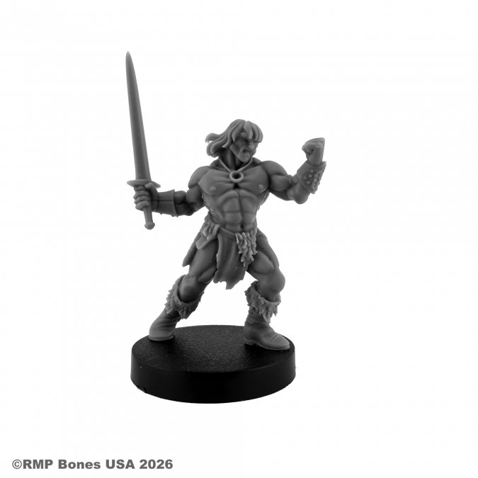 A gray unpainted tabletop gaming miniature of a muscular warrior holding a sword and mace, mounted on a round black base, photographed against a white background. 07232 Cal Arath, Barbarian Prince - Reaper Dungeon Dwellers