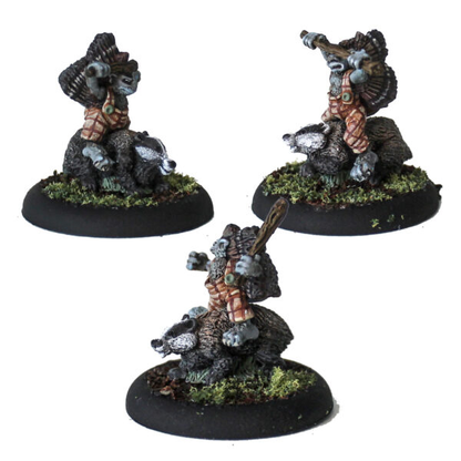 Pixie Badger Riders by Oakbound Studio. A pack of three multipart lead pewter miniatures supplied with 30mm round lipped bases. These fierce pixies can be used riding their badger steeds or on foot 