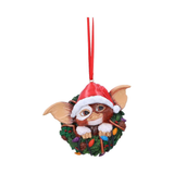 Gremlins Gizmo in Wreath  Hanging Ornament. Gizmos head, ears and hands wearing a christmas hat poking through the middle of a green christmas wreath - Nemesis Now ornament 