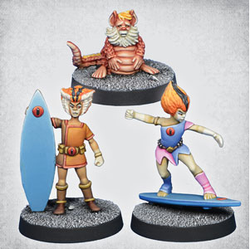 Beastmen Allies by Crooked Dice a set of three white metal 28mm miniatures for your tabletop games, representing humanoid cat creatures, two with surfboards and one more of a pet creature sat on its bottom that you could use in many RPGs or 80s nostalgia games.     
