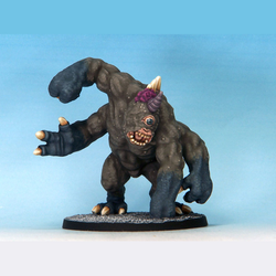 Arena Beast by Crooked Dice, one 28mm scale resin miniature for your RPG or tabletop game representing a large beast with four arms, two legs, one eye and a horn on its head for your alien RPG, horror tabletop game and more. Approximately 50mm tall