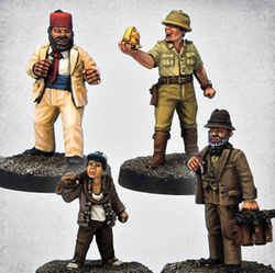 Stalwart Sidekicks by Crooked Dice.&nbsp; A set of four metal figures representing an archaeologist and his helpers including an older man carrying a bag with an umbrella through the handles and a suited man wearing a fez hat making a great edition to your RPGs, tabletop gaming and for a cult TV fan.
