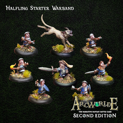 Halfling Starter Warband for ArcWorlde second edition. Full of character these halflings have various weapons including crossbow, hammers and one with a sword as they bravely fight for their town. This starter warband contains heroic 28mm/32mm scale fantasy miniatures cast in white metal.