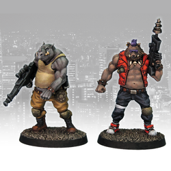 Mutant Brutes by Crooked Dice.&nbsp; A pack of two metal miniatures representing a humanoid rhino and humanoid hog holding guns for your nostalgic RPGs and tabletop games