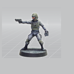Galactic Marine Pilot by Crooked Dice a white metal miniature for your tabletop games representing a sci fi style solider holding a gun forward.&nbsp;