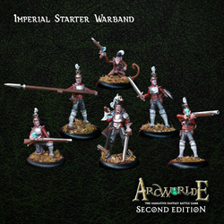 Imperial Starter Warband for ArcWorlde second edition. Full of character these soldiers hold rifles, swords and a spear and even have a monkey with a gun carrying the ammo making a great edition to your tabletop game. This starter warband contains heroic 28mm/32mm scale fantasy miniatures cast in white metal.