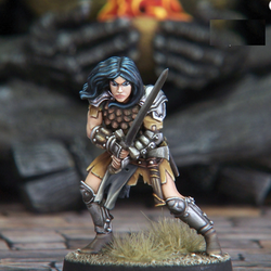 Orsa the Barbarian by Crooked Dice, one 28mm scale white metal miniature for your RPG or tabletop game representing a female heroine wearing armour and holding a two handed sword.