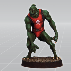 Scarlet Sea-Devil by Crooked Dice a white metal miniature for your tabletop games representing a swamp monster wearing a leotard and sporting webbed fingers
