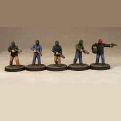 Criminal Firm by Crooked Dice. A set of five metal figures representing weapon carrying robbers, wearing balaclavas in various poses including one with a bag of loot making a great edition to your RPGs and tabletop gaming needs.