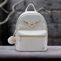 Golden Snitch Backpack. A fantastic backpack featuring a golden snitch, gold zips, adjustable straps, one large compartment and two small compartments at the front and back of the bag giving you lots of room for your possessions.