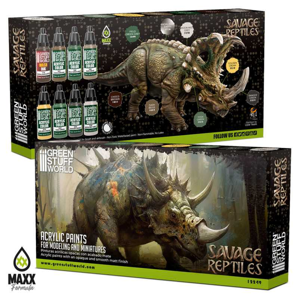 Savage Reptiles Paint Set by Green Stuff World. A set of 8 acrylic paints with an opaque and smooth matt finish. Made using the new Green Stuff World Maxx Formula