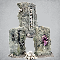 Monolith Set by Crooked Dice, three resin miniature pillars being approximately 5cm tall and decorated with skulls, chains and even a weird tentacle creature making a great edition to your RPG dungeon, cultists diorama and tabletop game scenery.