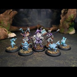 Wizard Starter Warband for ArcWorlde second edition. A wonderfully characterful collection of wizards and their summoned sprites inclining a fish and a teapot. This starter warband contains heroic 28mm/32mm scale fantasy miniatures cast in white metal.&nbsp; 