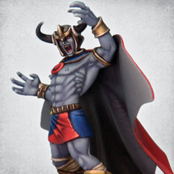 Abomination 2 by Crooked Dice a white metal 28mm miniature for your tabletop games, a villainous creature wearing a cloak and horned helm in a dynamic pose that you could use in many RPGs or 80s nostalgia games.  