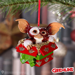 Gremlins Gizmo Gift  Hanging Ornament - Gizmo popping out of a red box with a green bow- Nemesis Now Christmas decoration 