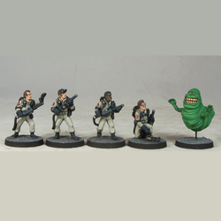 Paranormal Exterminators 1 by Crooked Dice.  A set of four metal male figures representing suited and booted spirit busters and a slimy looking ghost. 