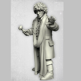 Temporal Traveller 4 by Crooked Dice.&nbsp; A metal figure representing a time traveller with curly hair and wearing a long scarf for your tabletop gaming needs.