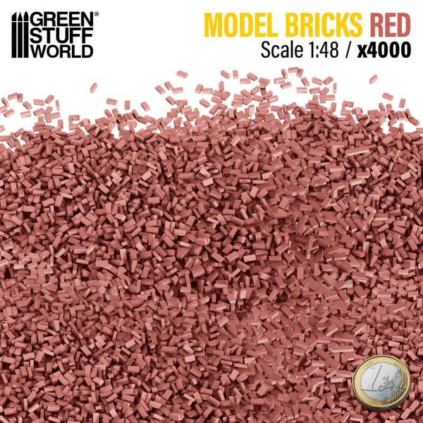 A pack of 4000 red model paving bricks in a 1:48 scale from Green Stuff World useful for precise building or loose scatter and can be painted, cut, sanded or drilled.