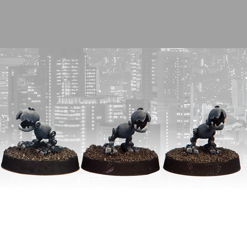 Robo-Rodents 3 by Crooked Dice.&nbsp; A set of three metal figures representing mechanical dog like creatures with two back legs and jaggered jaws making a great edition to your RPGs and tabletop gaming.