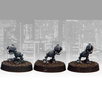 Robo-Rodents 3 by Crooked Dice.&nbsp; A set of three metal figures representing mechanical dog like creatures with two back legs and jaggered jaws making a great edition to your RPGs and tabletop gaming.