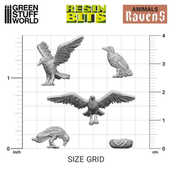 Ravens from the Resin Bits by Green Stuff World. A pack of 12 3D printed ABS-like resin birds for you to use on your miniatures bases, dioramas and other hobby projects.