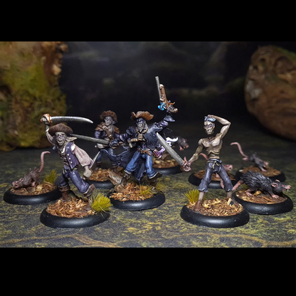 Undead Raiders Starter Warband for ArcWorlde second edition. Gangs of undead raiders pray on travellers brandishing swords and an axe. This starter warband contains heroic 28mm/32mm scale fantasy miniatures cast in white metal