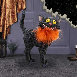 Furdinand a Black Cat With Orange Feather Boa by Nemesis Now. A cheeky black cat ornament with a wicked smile and awesome fashion sense. Bring a sense of joy and whimsy to your home decoration with this wonderful figurine of a black cat with its tail in the air, flecks of blue and purple in its fur and large yellow eyes.