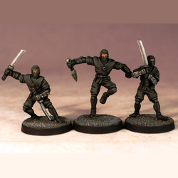 Ninja by Crooked Dice. A set of three metal figures representing weapon carrying assassins in various poses making a great edition to your RPGs and tabletop gaming needs.